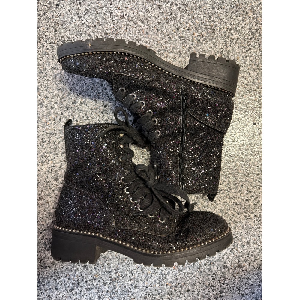 Portland Boot Company Black Glitter Combat Boots Side Zip Lug Sole Studded 9M